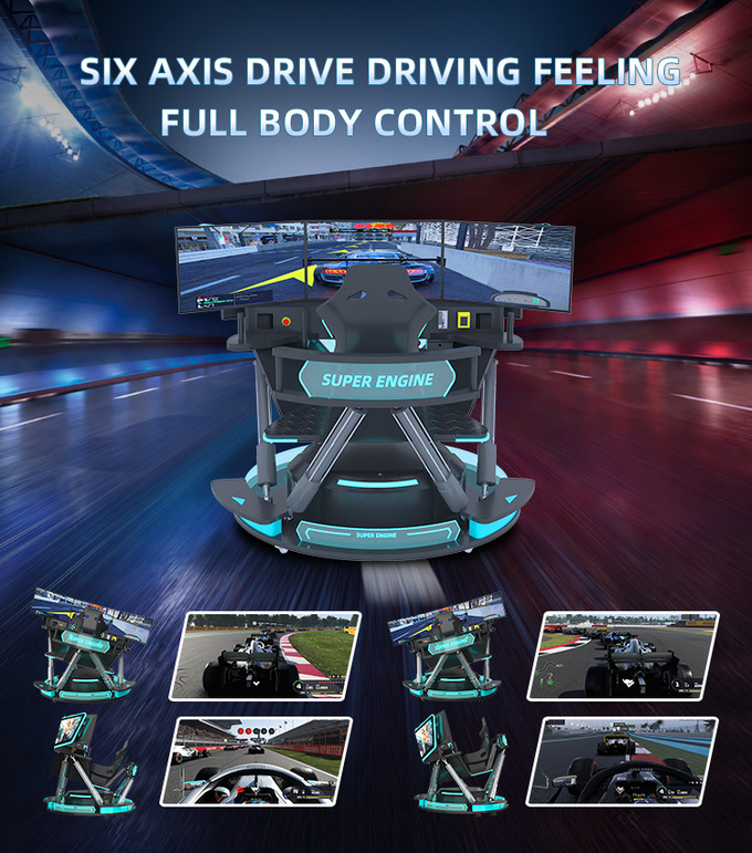 6 dof محاكي سباقات هيدروليكية VR ألعاب الواقع الافتراضي 3 شاشة محاكي سباقات F1 3