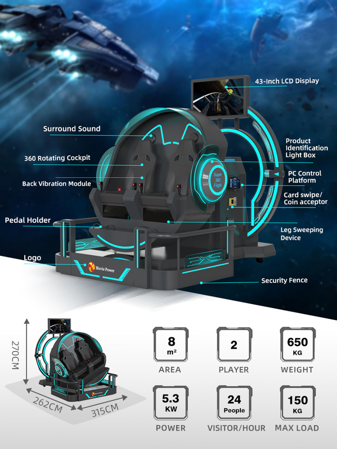 VR 360 2 مقاعد 9d التلال المتحركة VR الآلات 360 دوران VR سينما 360 درجة المقاعد الطائرة محاكي 1